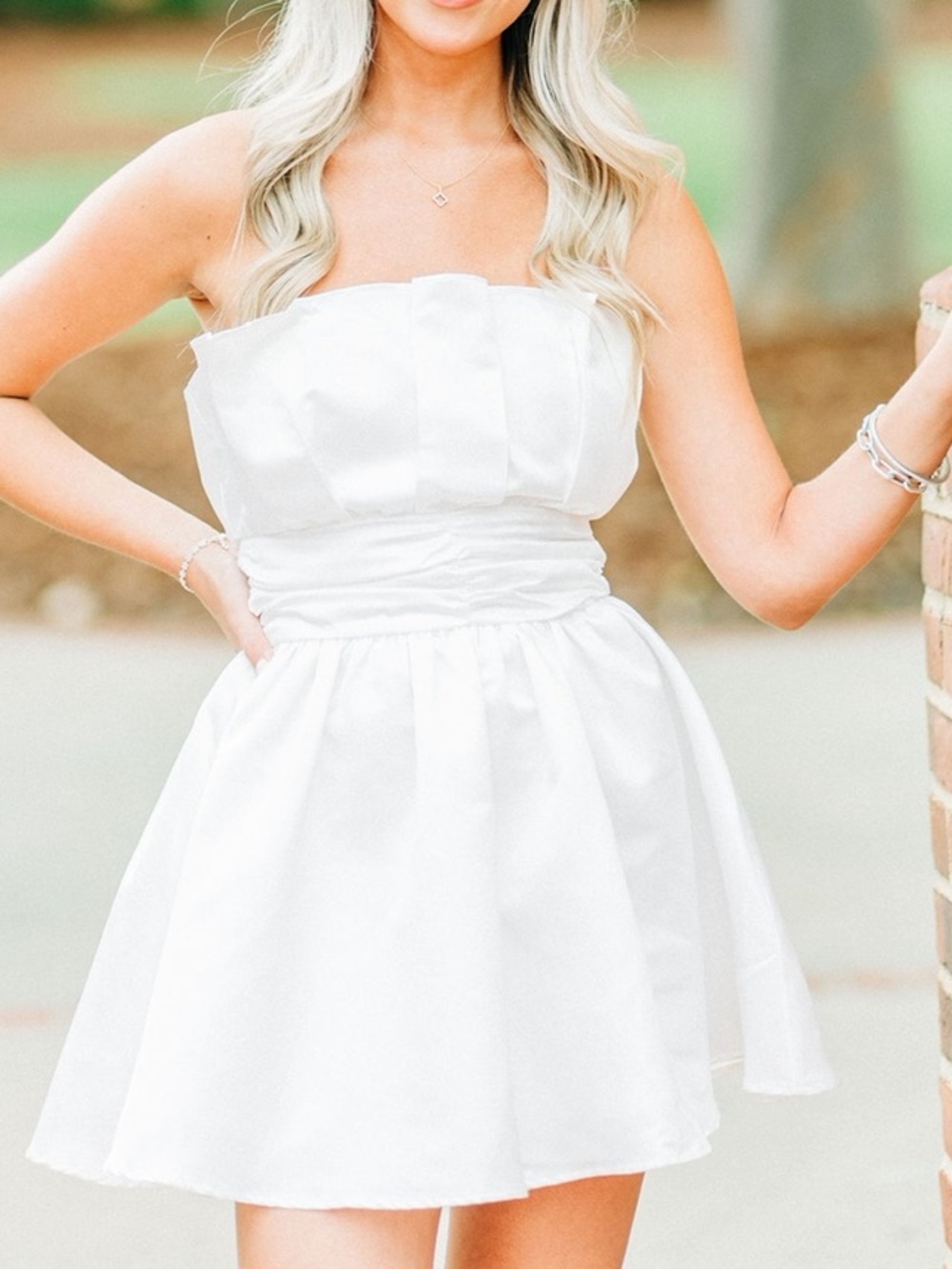 Strapless White Mini Dress with Gathered Waist